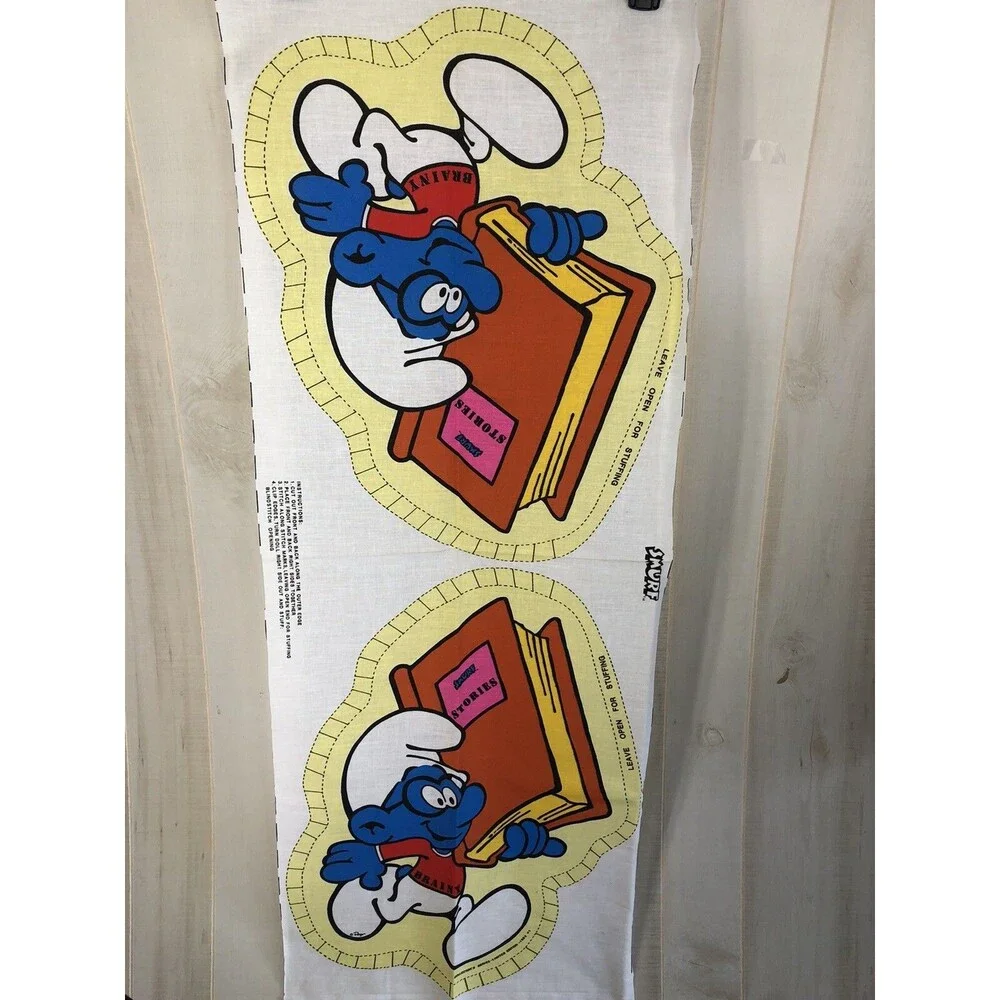 Vintage NOS Peyo Smurf Fabric Panel Pillow Cut Out Brainy DIY New